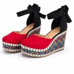 Red Espadrille Wedge Sandals with Black Ankle Tie